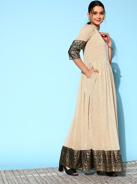 Ahalyaa Women Cream-coloured & Bronze Printed Gotta Patti Chiffon Ethnic Dress | Swadesiicart