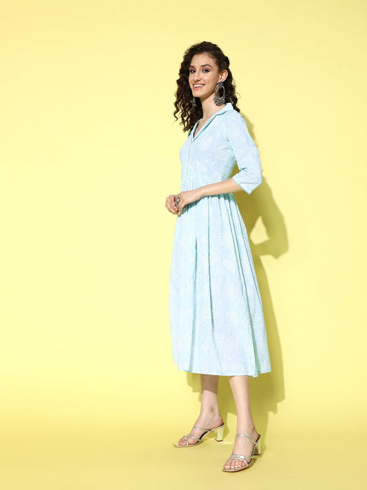 Ahalyaa Sea Green Floral Print Midi Ethnic Dress | Swadesiicart