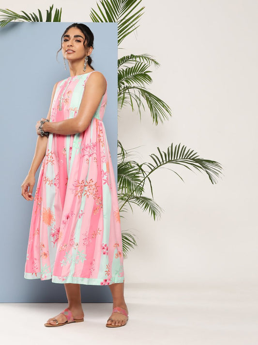 Ahalyaa Women Floral Printed Empire Midi Ethnic Dress | Swadesiicart