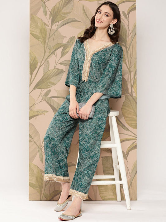 Ahalyaa Printed Basic Jumpsuit with Lace Inserts | Swadesiicart