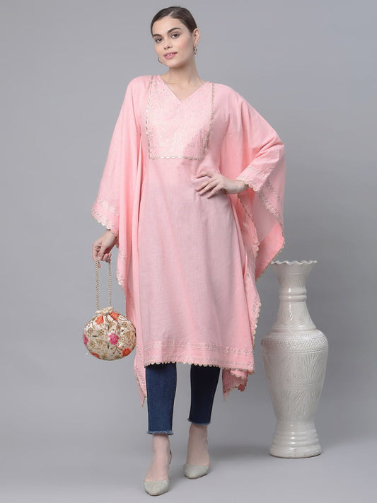 Ahalyaa Women Light Pink Pure Cotton Printed Flared Sleeve Kaftan Kurta | Swadesiicart