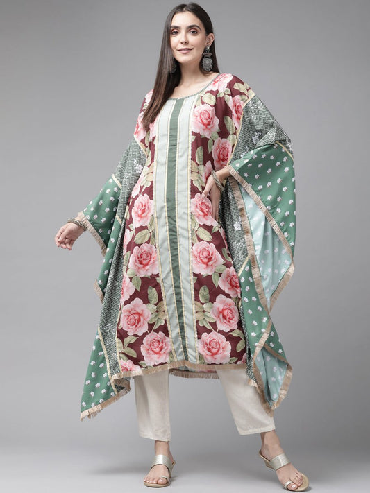 Ahalyaa Women Green & Pink Floral Printed Flared Sleeves Gotta Patti Floral Crepe Kaftan Kurta | Swadesiicart