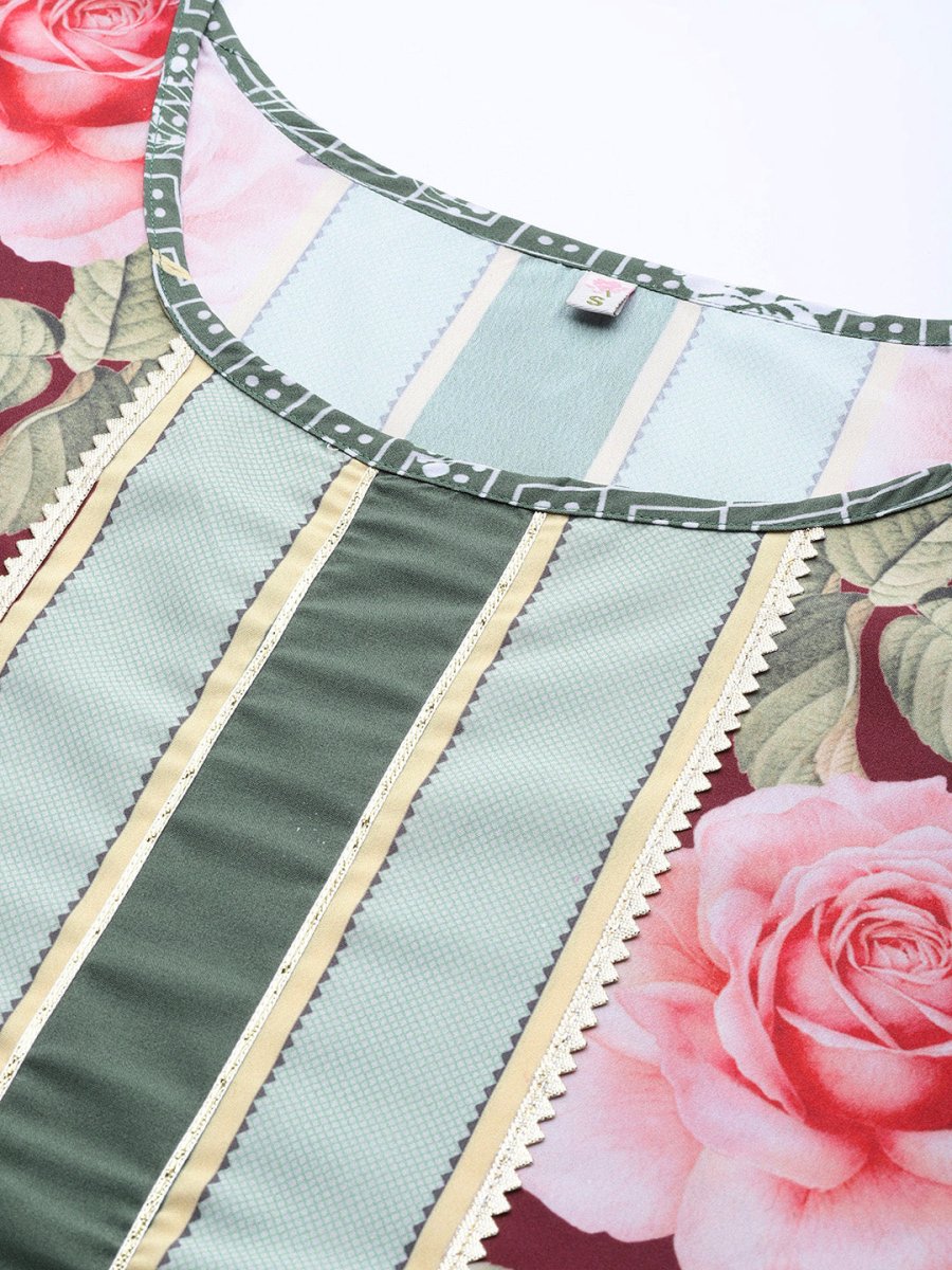 Ahalyaa Women Green & Pink Floral Printed Flared Sleeves Gotta Patti Floral Crepe Kaftan Kurta | Swadesiicart