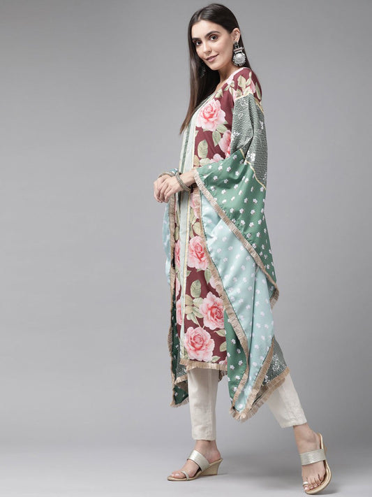 Ahalyaa Women Green & Pink Floral Printed Flared Sleeves Gotta Patti Floral Crepe Kaftan Kurta | Swadesiicart