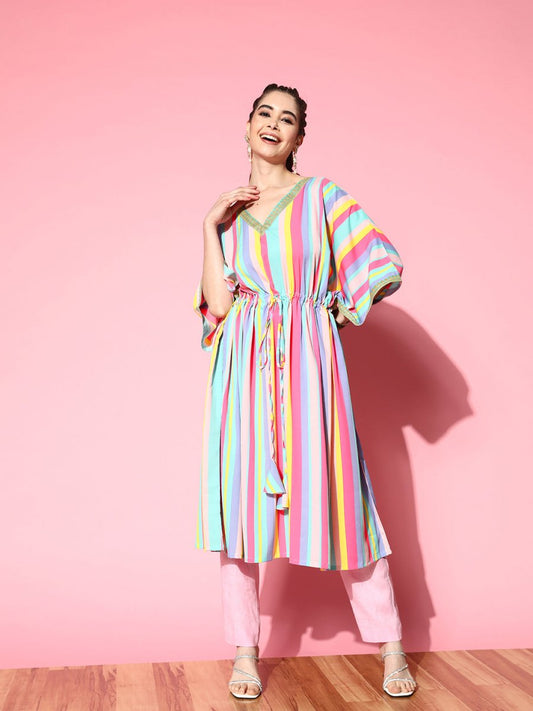 Ahalyaa Women Striped Flared Sleeves Crepe Kaftan Kurta | Swadesiicart