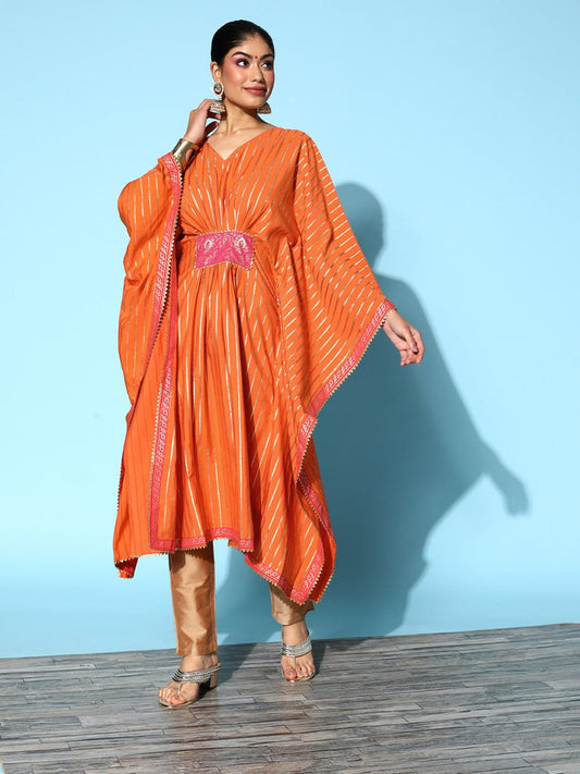 Ahalyaa Women Orange & Gold-Toned Striped Flared Sleeves Gotta Patti Crepe Kaftan Kurta | Swadesiicart