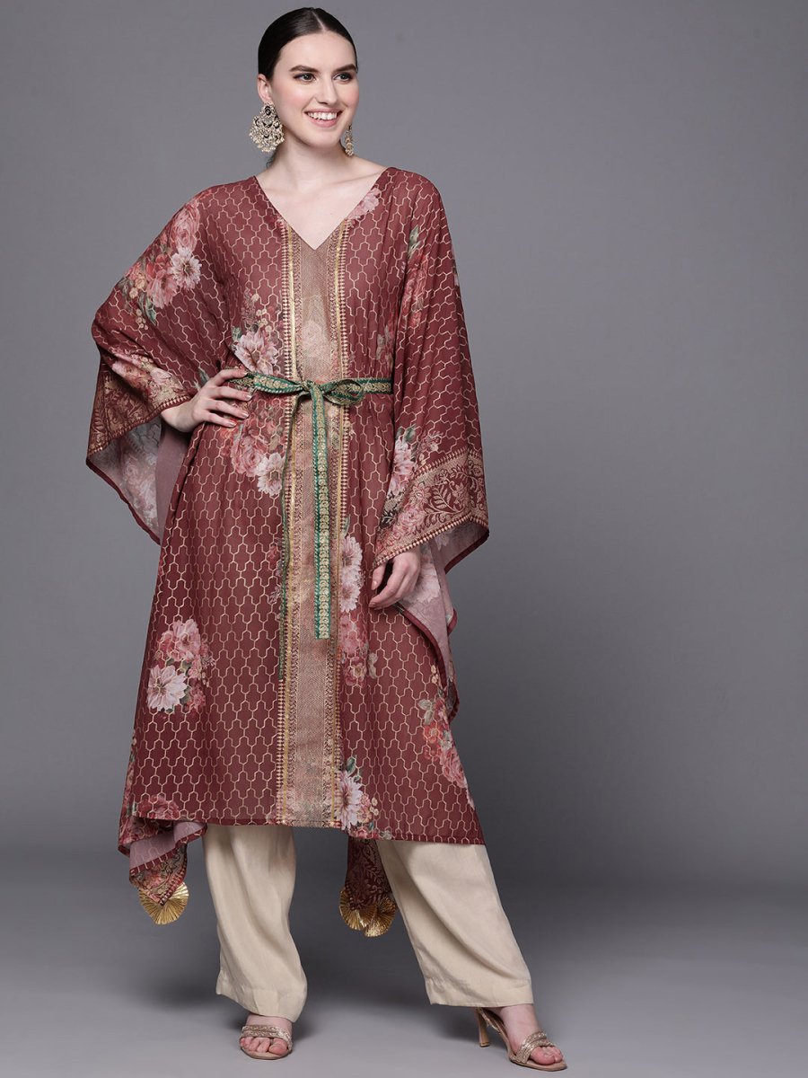 Ahalyaa Women Maroon Floral Printed Flared Sleeves Kaftan Kurta | Swadesiicart