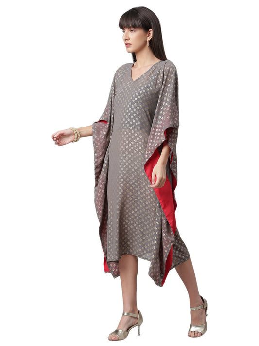 Ahalyaa Women Grey & Golden Ethnic Motifs Printed Flared Sleeves Beautiful Kaftan Kurta | Swadesiicart