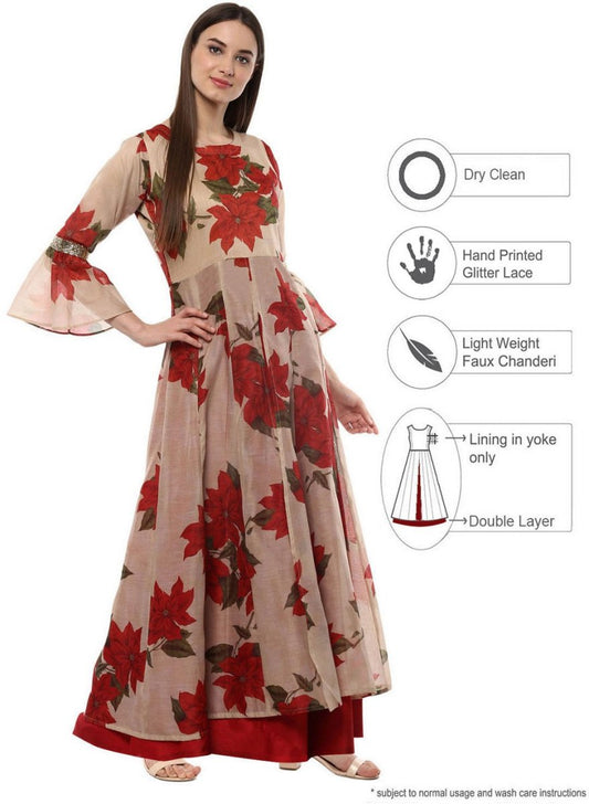 Ahalyaa Beige & Red Chanderi Floor Length Anarkali Dress | Swadesiicart