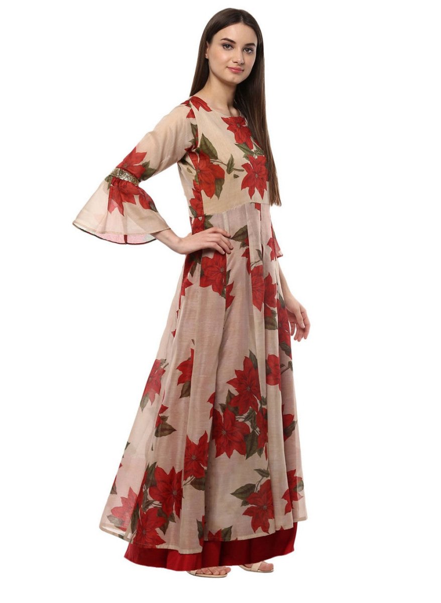 Ahalyaa Beige & Red Chanderi Floor Length Anarkali Dress | Swadesiicart