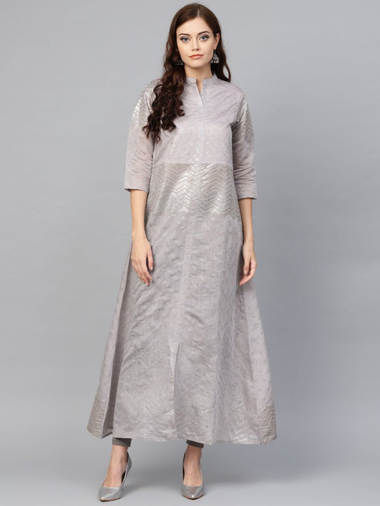 Ahalyaa Women Grey & Silver Printed A-Line Kurta | Swadesiicart