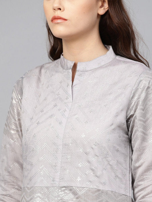 Ahalyaa Women Grey & Silver Printed A-Line Kurta | Swadesiicart