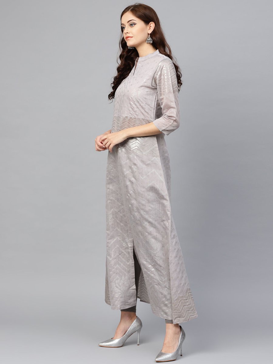 Ahalyaa Women Grey & Silver Printed A-Line Kurta | Swadesiicart