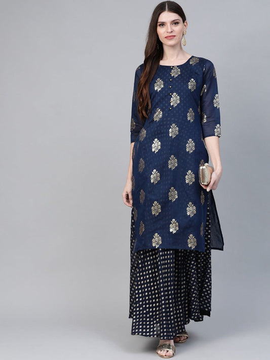 Ahalyaa Navy Blue & Golden Foil Printed Layered Maxi Dress | Swadesiicart