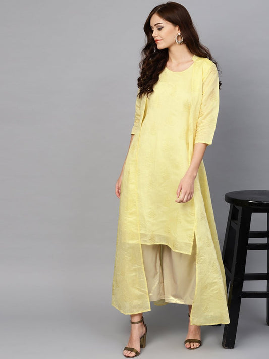 Ahalyaa Yellow Metallic Printed Koti Style Kurta For Women | Swadesiicart