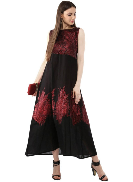 Ahalyaa Women Black and Red Indo western Cotton Blend Kalidar Kurta | Swadesiicart