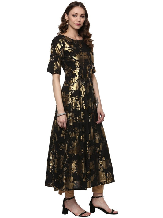 Ahalyaa Black Floor Length Cotton Blend Anarkali With Gold Print | Swadesiicart