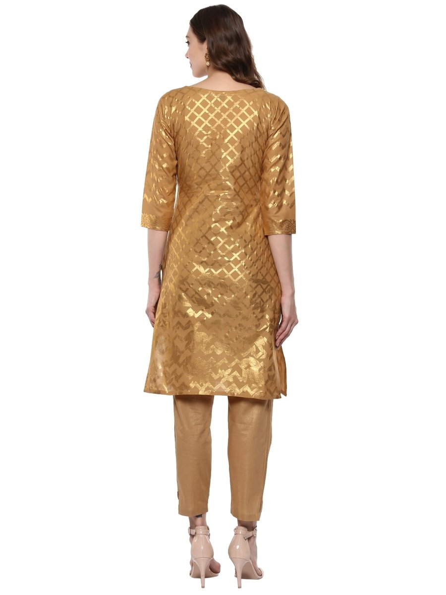 Ahalyaa Short Beige Cotton Blend Kurta With Metallic Gold Chevron Print | Swadesiicart