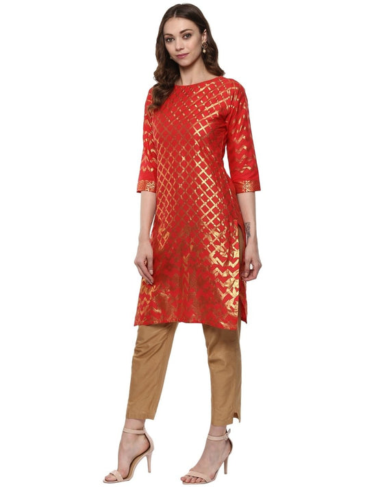 Ahalyaa Fiery Red Cotton Blend Kurta With Metallic Gold Print | Swadesiicart