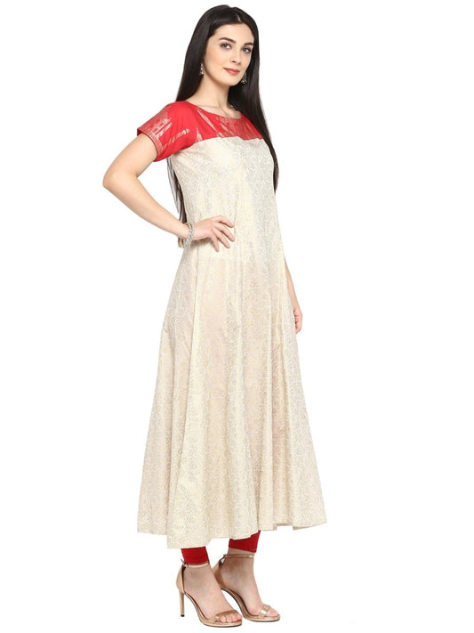 Ahalyaa Red & Off White Metallic Print Beautiful Anarkali Kurta | Swadesiicart