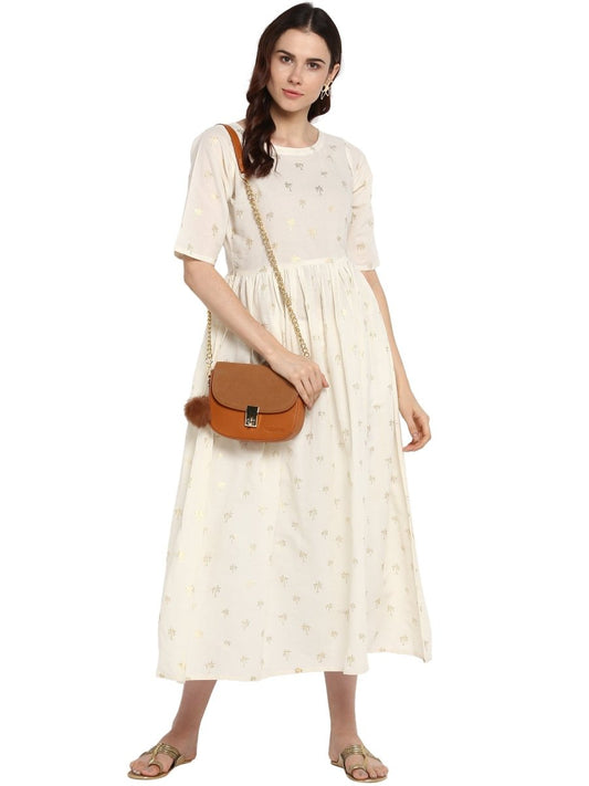 Ahalyaa Women White Printed Fit and Flare Dress | Swadesiicart