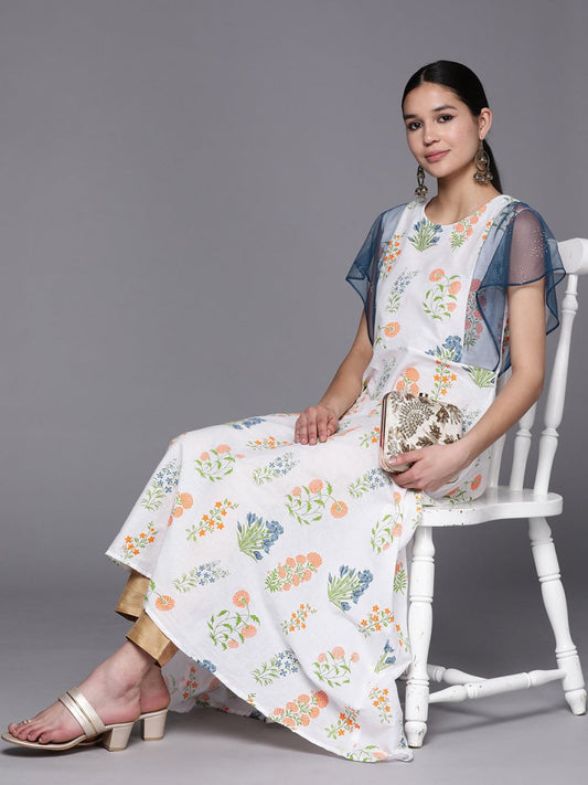 Ahalyaa Women White & Blue Printed A-Line Kurta | Swadesiicart