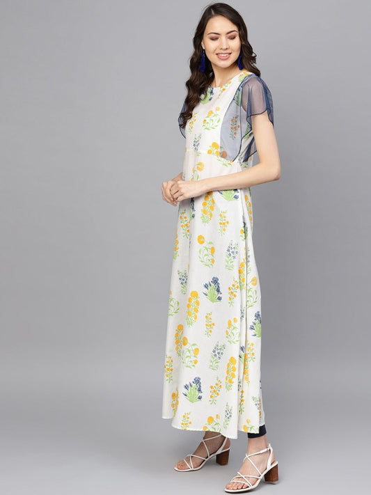Ahalyaa Women White & Yellow Printed A-Line Beautiful Kurta | Swadesiicart