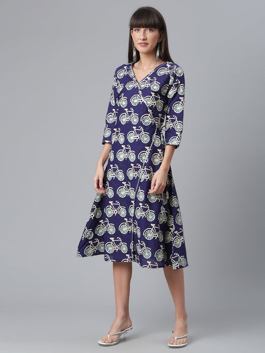 Ahalyaa Women Navy Blue & Off White Pure Cotton Printed Angrakha Beautiful Kurta | Swadesiicart