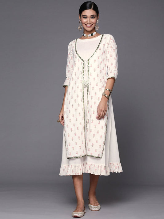 Ahalyaa Off White & Pink Floral Print A-Line Midi Dress | Swadesiicart