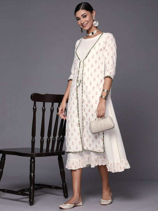 Ahalyaa Off White & Pink Floral Print A-Line Midi Dress | Swadesiicart