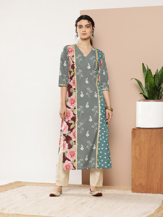 Ahalyaa Women Green & Pink Floral Printed Gotta Patti Floral Crepe Kurta | Swadesiicart