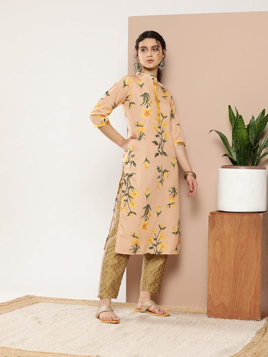 Ahalyaa Women Tan & Yellow Floral Printed Floral Crepe Kurta | Swadesiicart