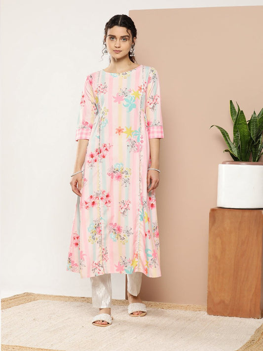Ahalyaa Women Pink & Green Printed Gotta Patti Floral Crepe Kurta | Swadesiicart