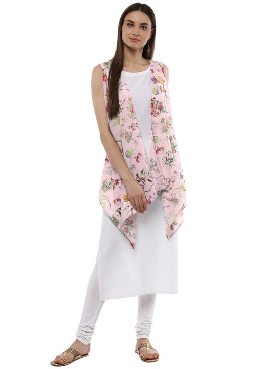 Ahalyaa White & Pink Floral Scarf Cape Attached Straight Kurta | Swadesiicart