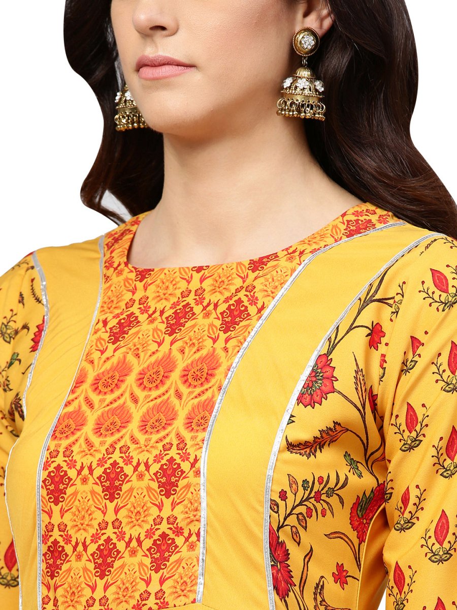 Ahalyaa Women Yellow & Orange Printed Flared Maxi Dress | Swadesiicart