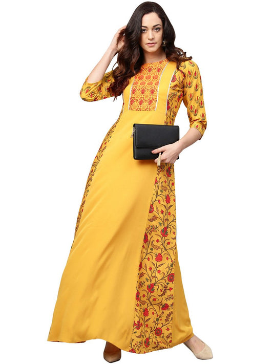 Ahalyaa Women Yellow & Orange Printed Flared Maxi Dress | Swadesiicart