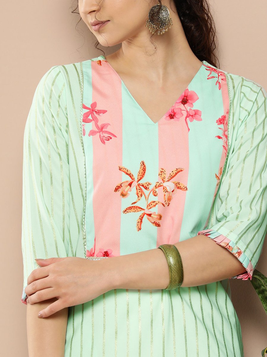 Ahalyaa Women Sea Green & Pink Striped Gotta Patti Floral Crepe Kurta | Swadesiicart