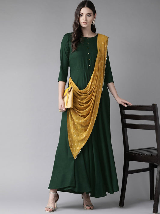 Ahalyaa Green & Mustard Yellow Solid Maxi Dress With Attached Dupatta | Swadesiicart