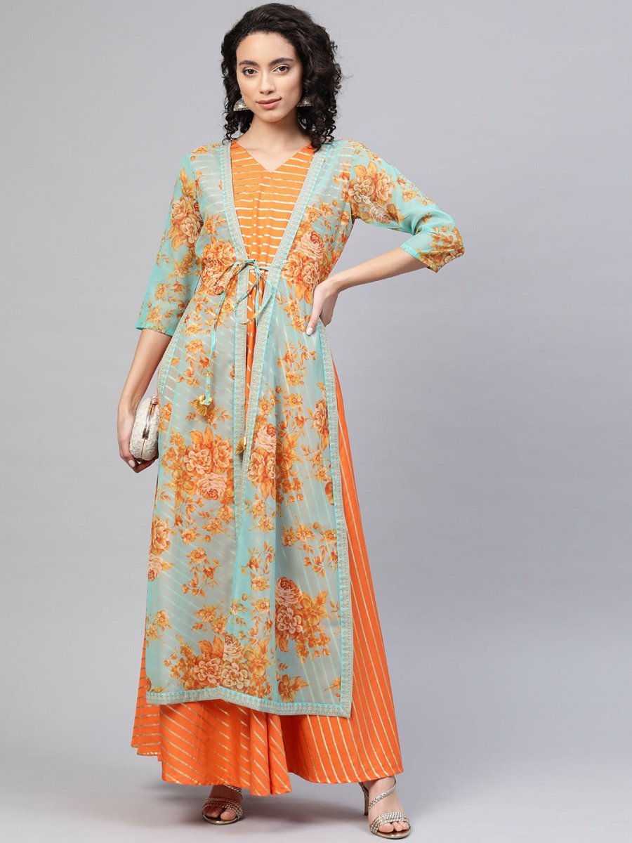 Ahalyaa Women Orange & Gold Ethnic Kurta Dress | Swadesiicart
