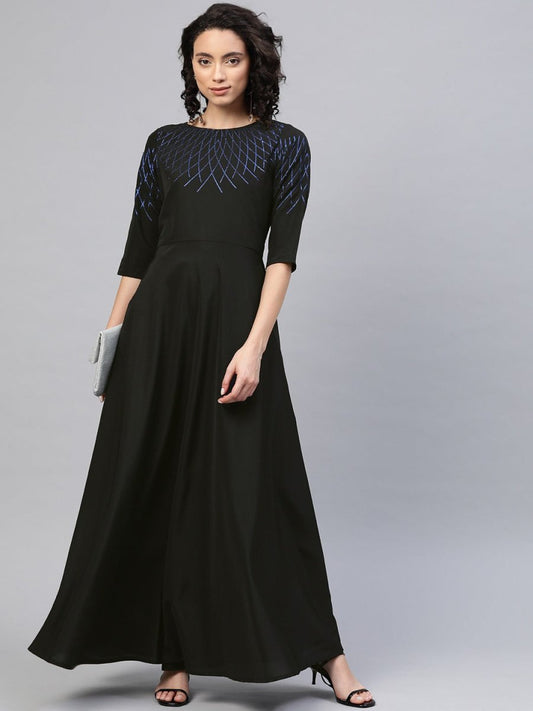Ahalyaa Women Black Long Flared Kurta Dress | Swadesiicart