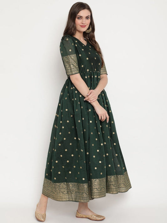 Ahalyaa Women Beautiful Green Print Work Chanderi Silk Anarkali Kurta | Swadesiicart