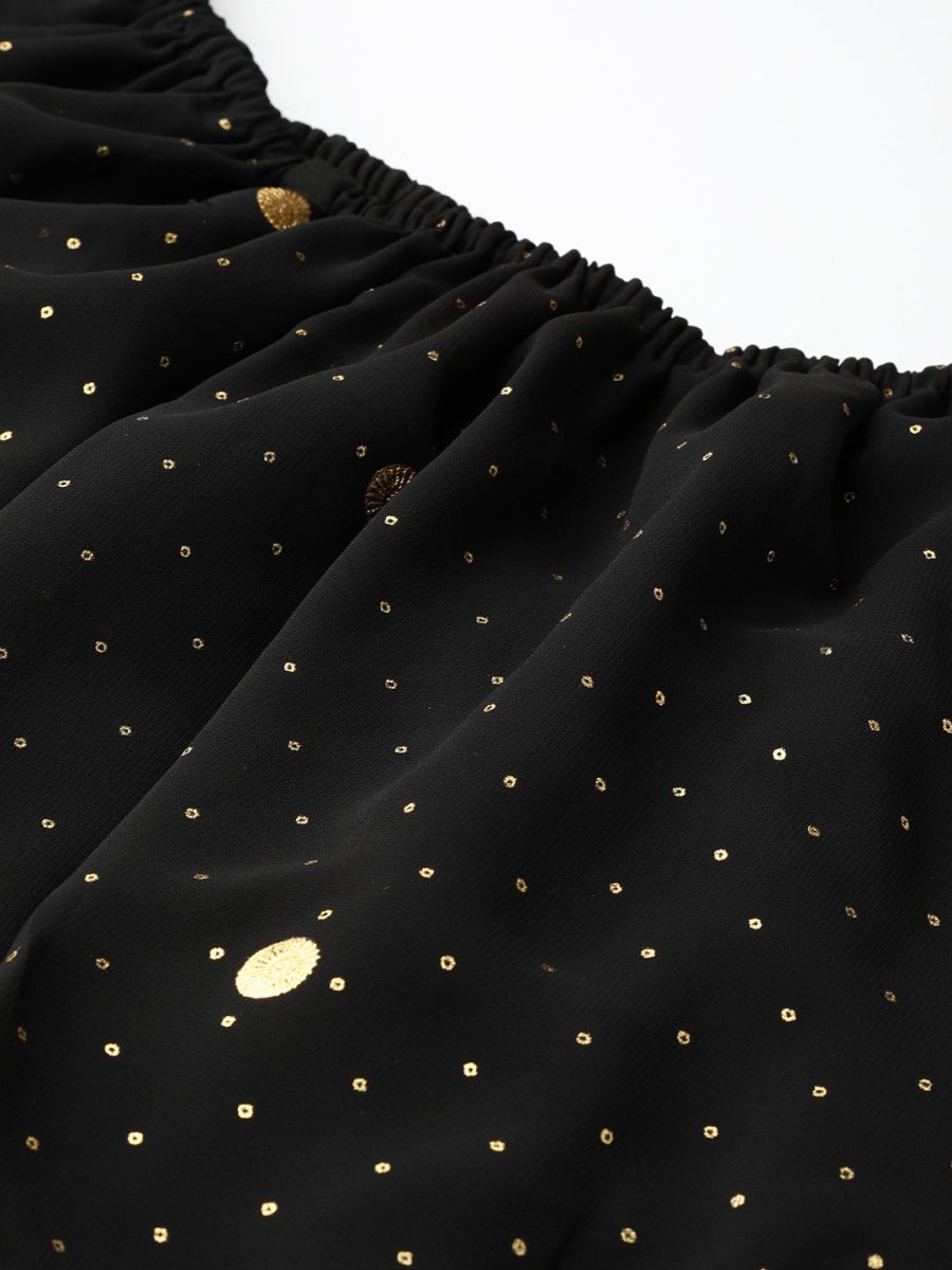 Ahalyaa Women Black & Golden Foil Printed Detail Off-Shoulder Layered Maxi Dress | Swadesiicart