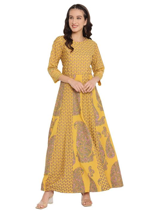 Ahalyaa Mustard Yellow & Grey Printed Fit and Flare Maxi Dress | Swadesiicart