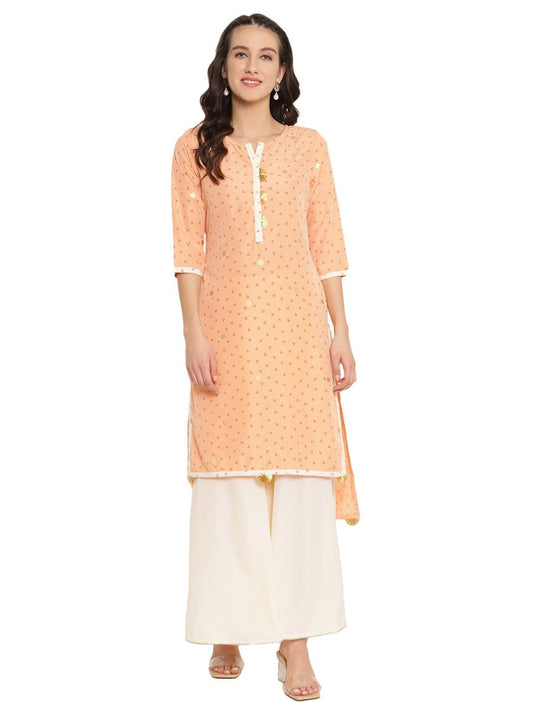 Ahalyaa Peach-Coloured & Red Bandhani Print High Low Straight Kurta | Swadesiicart