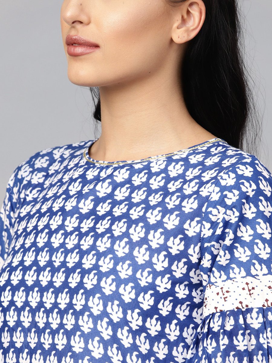 Ahalyaa Women Blue & White Printed Kurti with Dhoti Pants | Swadesiicart