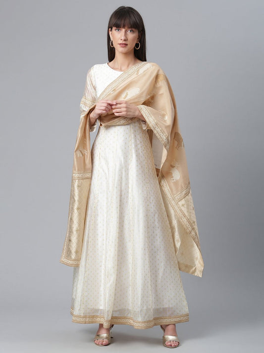 Ahalyaa Cream-Coloured & Golden Printed Anarkali Kurta with Dupatta | Swadesiicart