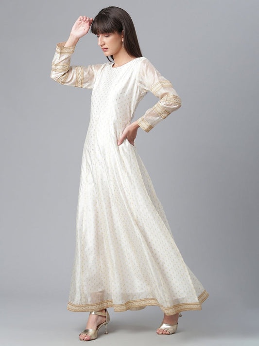 Ahalyaa Cream-Coloured & Golden Printed Anarkali Kurta with Dupatta | Swadesiicart