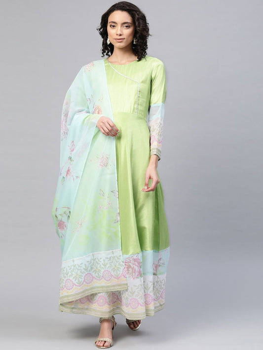Ahalyaa Women Beautiful Lime Green & Blue Solid Angrakha Kurta With Screen Printed Dupatta | Swadesiicart