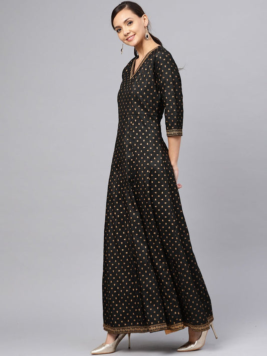 Ahalyaa Black and Gold Printed Anarkali Kurta Set For Women | Swadesiicart