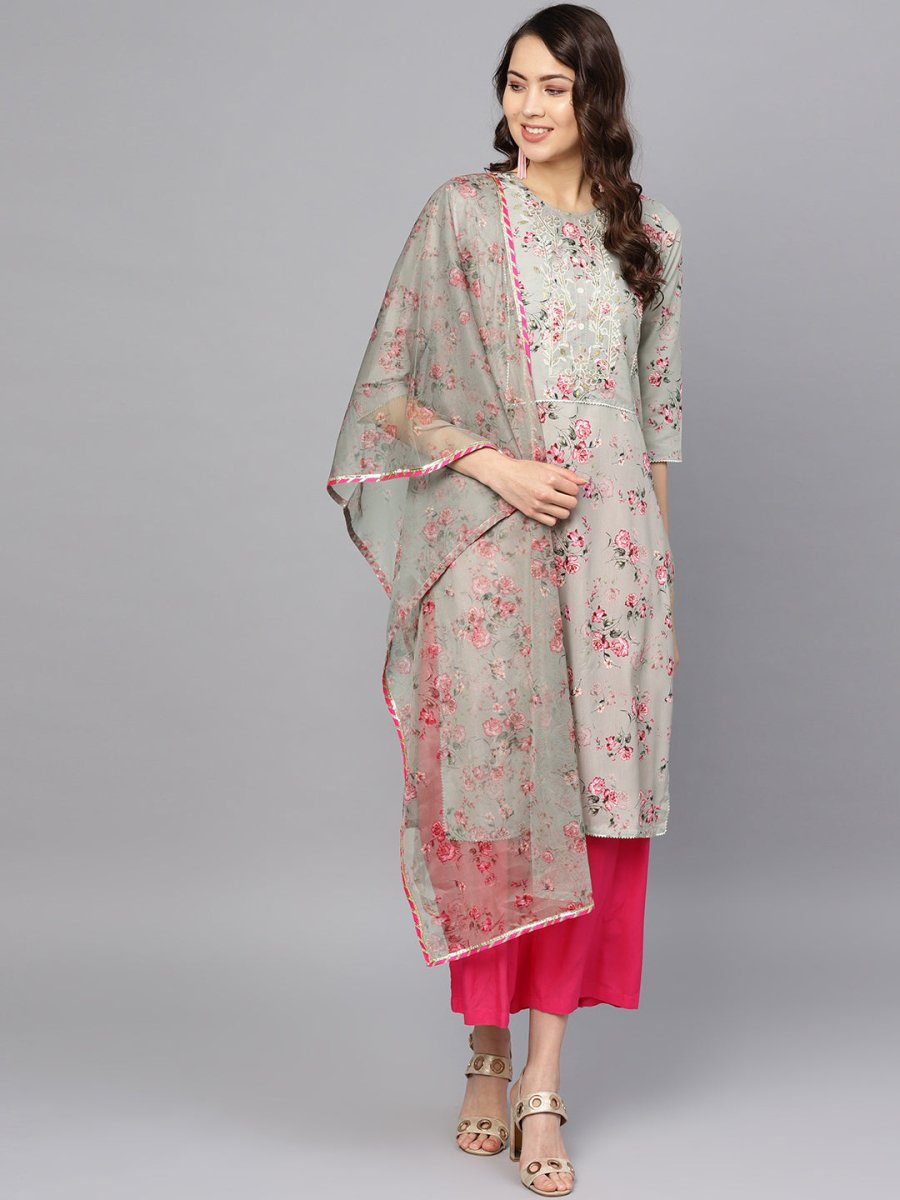 Ahalyaa Women Grey & Pink Printed Beautiful Straight Kurta with Dupatta | Swadesiicart
